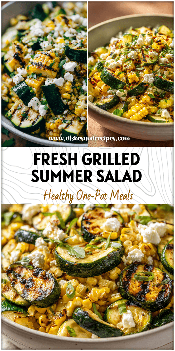 A bowl of Grilled Zucchini And Corn Salad with feta and herbs, perfect for summer Grill Healthy Recipes.